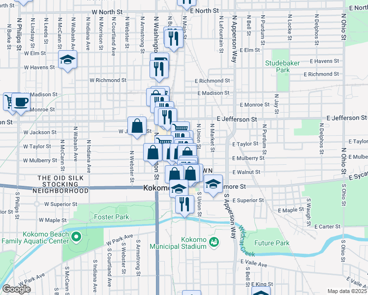 map of restaurants, bars, coffee shops, grocery stores, and more near 421 North Main Street in Kokomo
