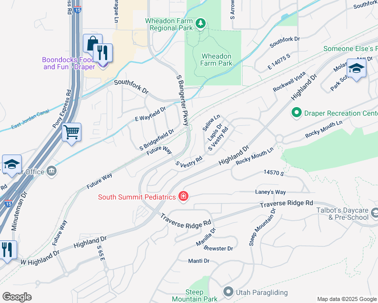 map of restaurants, bars, coffee shops, grocery stores, and more near 14408 South Champ Cove in Draper