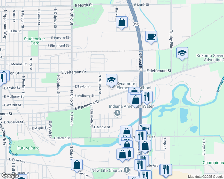 map of restaurants, bars, coffee shops, grocery stores, and more near 1600 East Sycamore Street in Kokomo