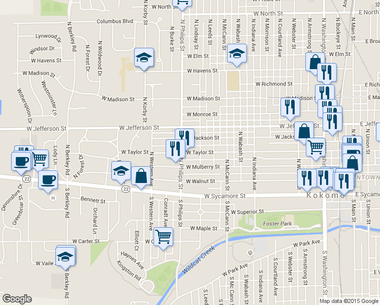 map of restaurants, bars, coffee shops, grocery stores, and more near 1216 West Taylor Street in Kokomo