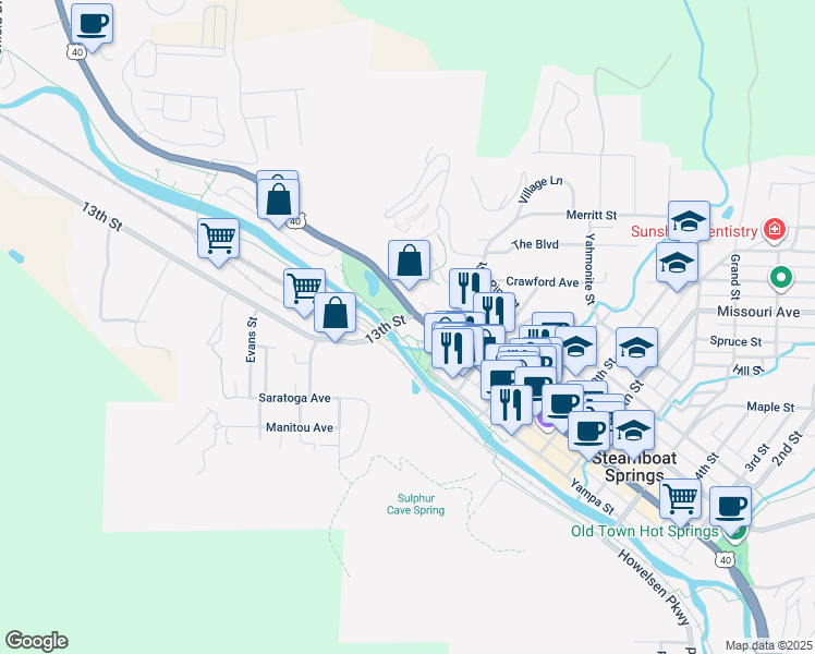 map of restaurants, bars, coffee shops, grocery stores, and more near 1213 Lincoln Avenue in Steamboat Springs