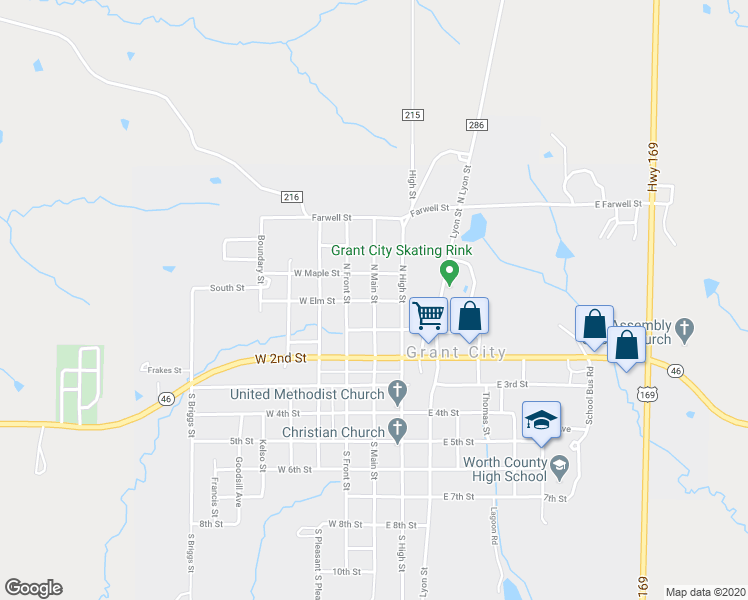 map of restaurants, bars, coffee shops, grocery stores, and more near 101 North Main Street in Grant City