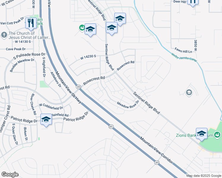 map of restaurants, bars, coffee shops, grocery stores, and more near 14423 South Ferndale Way in Herriman