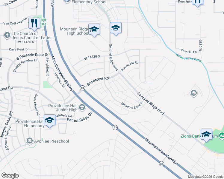 map of restaurants, bars, coffee shops, grocery stores, and more near 14392 South Ferndale Way in Herriman