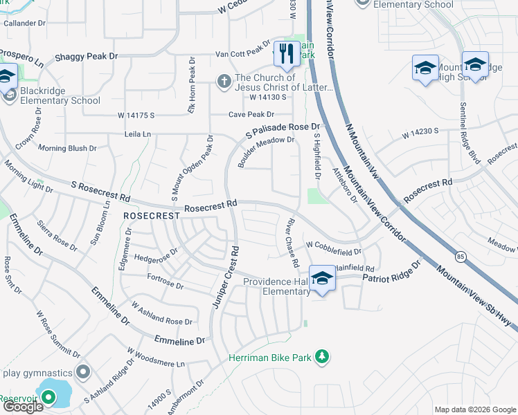 map of restaurants, bars, coffee shops, grocery stores, and more near 4822 Rosecrest Road in Herriman