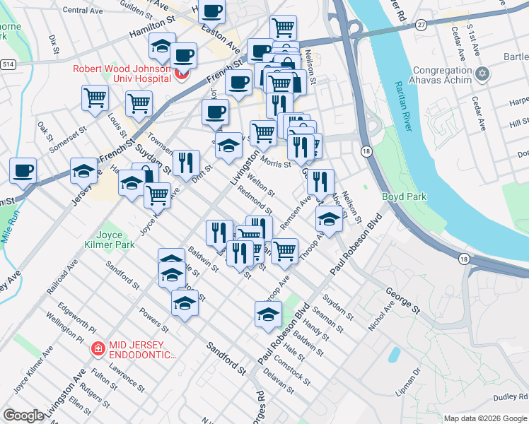 map of restaurants, bars, coffee shops, grocery stores, and more near 16 Lee Avenue in New Brunswick
