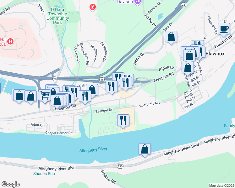 map of restaurants, bars, coffee shops, grocery stores, and more near 1344 Freeport Road in Pittsburgh