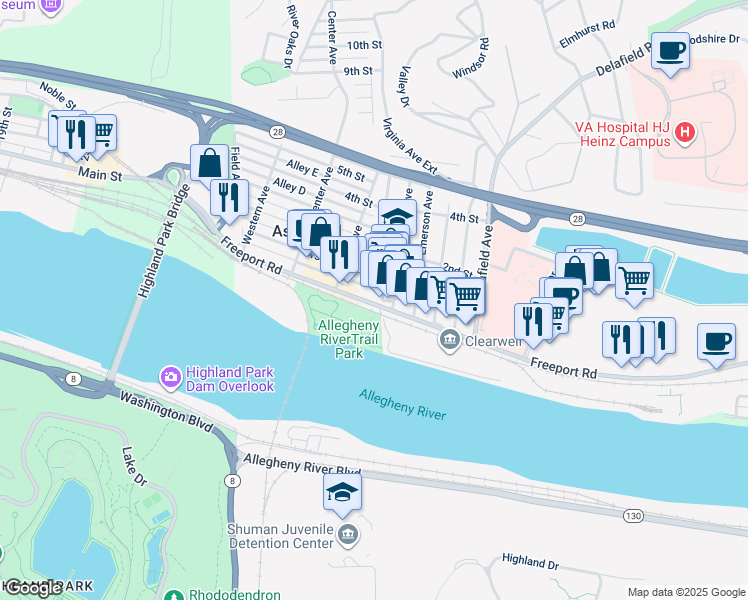 map of restaurants, bars, coffee shops, grocery stores, and more near 353 Freeport Road in Aspinwall