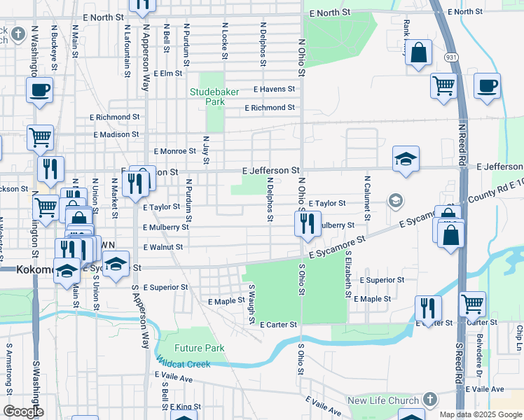 map of restaurants, bars, coffee shops, grocery stores, and more near 1018 East Taylor Street in Kokomo