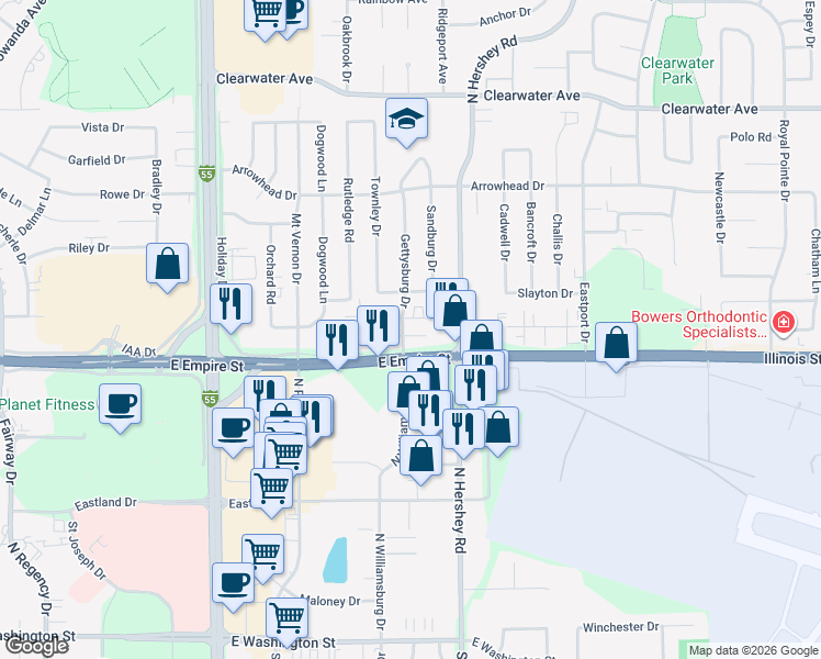 map of restaurants, bars, coffee shops, grocery stores, and more near 2111 Todd Drive in Bloomington