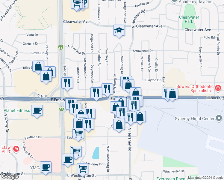 map of restaurants, bars, coffee shops, grocery stores, and more near 2111 Todd Drive in Bloomington