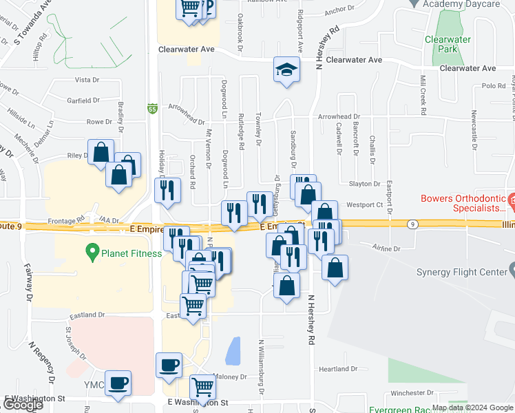 map of restaurants, bars, coffee shops, grocery stores, and more near 2101 Todd Drive in Bloomington