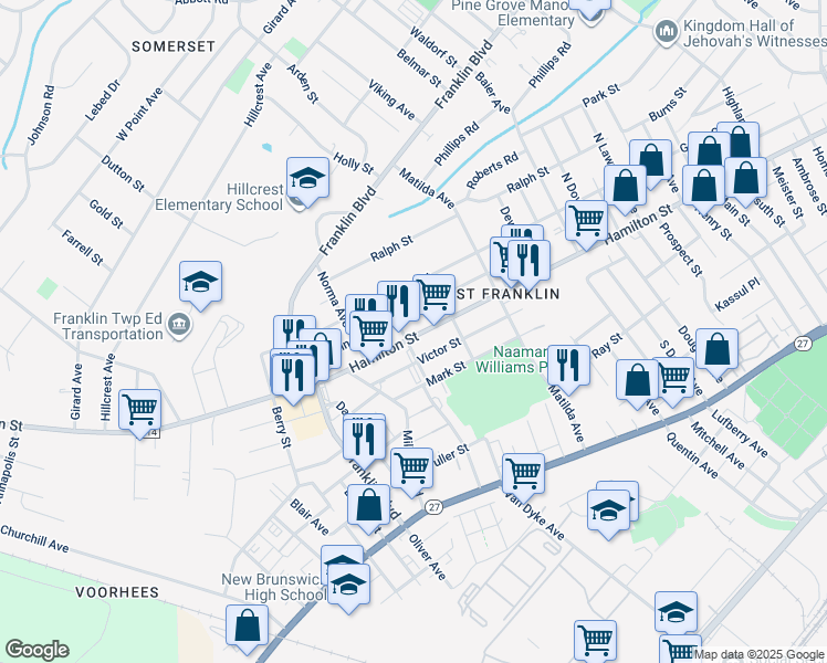 map of restaurants, bars, coffee shops, grocery stores, and more near 9 Pershing Avenue in Franklin Township