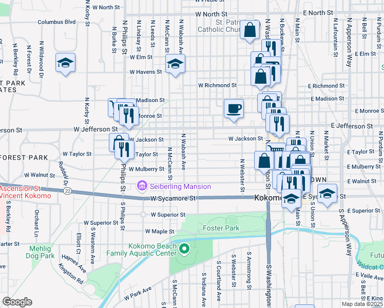 map of restaurants, bars, coffee shops, grocery stores, and more near 816 W Taylor St in Kokomo