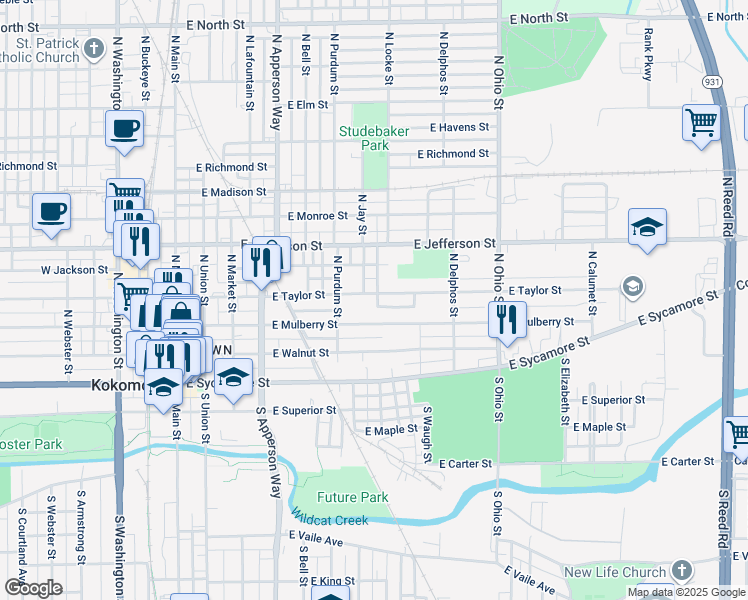 map of restaurants, bars, coffee shops, grocery stores, and more near 816 East Taylor Street in Kokomo