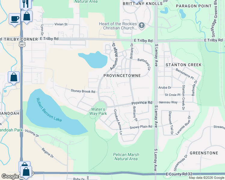 map of restaurants, bars, coffee shops, grocery stores, and more near 6956 Rosemont Court in Fort Collins