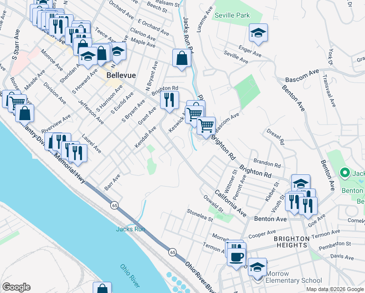 map of restaurants, bars, coffee shops, grocery stores, and more near 32 East Roseridge Street in Pittsburgh