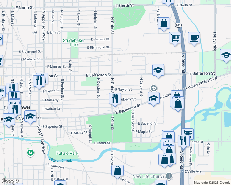 map of restaurants, bars, coffee shops, grocery stores, and more near 1216 East Taylor Street in Kokomo
