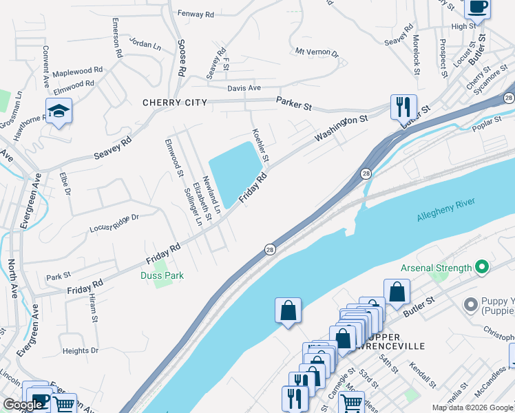 map of restaurants, bars, coffee shops, grocery stores, and more near 628 Friday Street in Pittsburgh