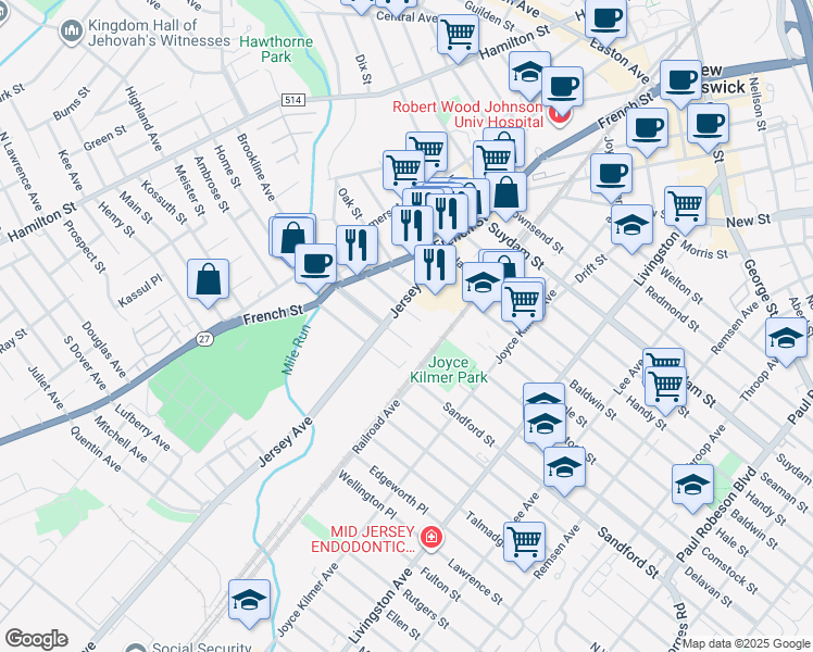 map of restaurants, bars, coffee shops, grocery stores, and more near 350 Comstock Street in New Brunswick
