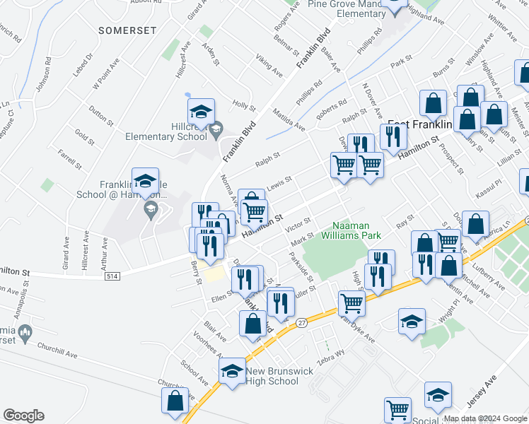 map of restaurants, bars, coffee shops, grocery stores, and more near 126 Martin Street in Franklin Township