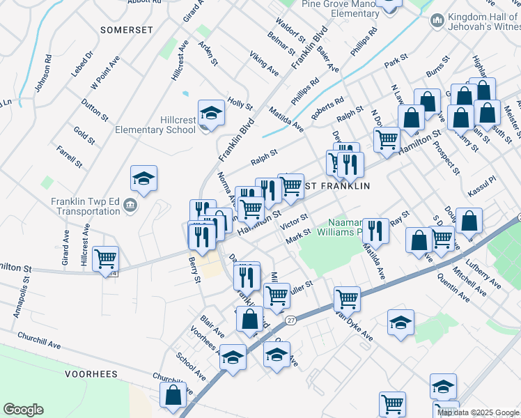 map of restaurants, bars, coffee shops, grocery stores, and more near 126 Martin Street in Franklin Township