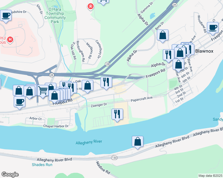 map of restaurants, bars, coffee shops, grocery stores, and more near 1340 Freeport Road in Pittsburgh
