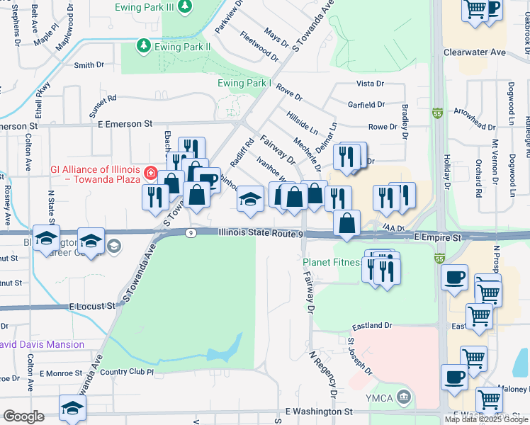 map of restaurants, bars, coffee shops, grocery stores, and more near 225 Robinhood Lane in Bloomington
