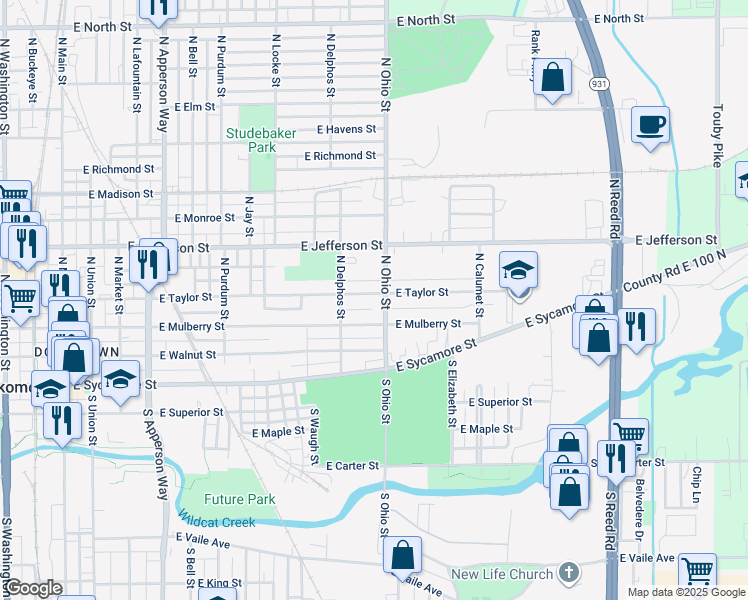 map of restaurants, bars, coffee shops, grocery stores, and more near 1131 East Taylor Street in Kokomo