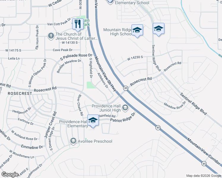 map of restaurants, bars, coffee shops, grocery stores, and more near 14427 Attleboro Drive in Herriman