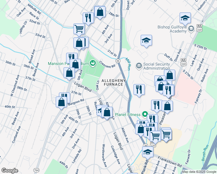 map of restaurants, bars, coffee shops, grocery stores, and more near 3500 Baker Boulevard in Altoona