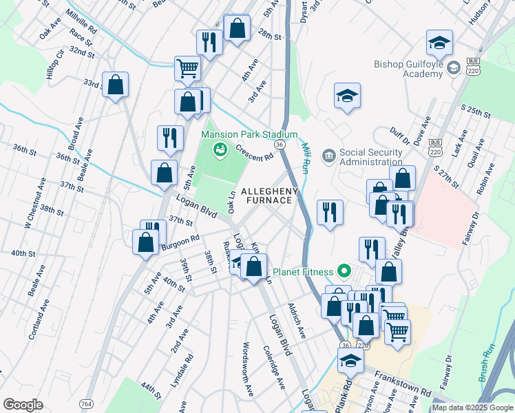 map of restaurants, bars, coffee shops, grocery stores, and more near 3500 Baker Boulevard in Altoona