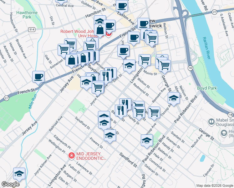 map of restaurants, bars, coffee shops, grocery stores, and more near 259 Seaman Street in New Brunswick