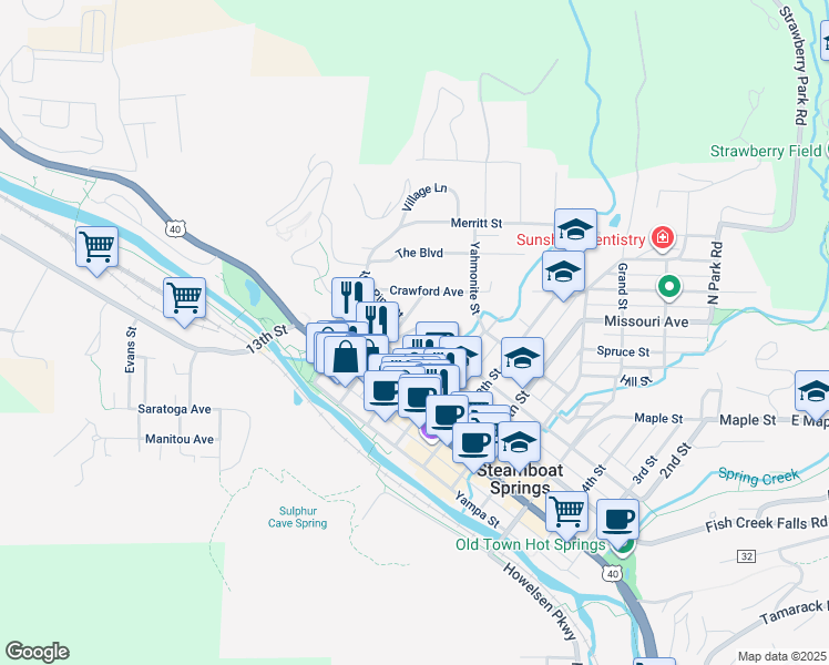 map of restaurants, bars, coffee shops, grocery stores, and more near 1027 Pine Street in Steamboat Springs