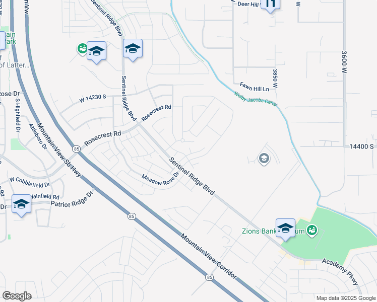 map of restaurants, bars, coffee shops, grocery stores, and more near 14424 South Miners View Court in Herriman