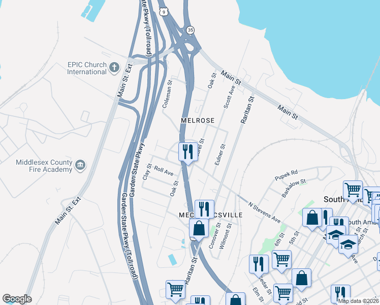 map of restaurants, bars, coffee shops, grocery stores, and more near 9-35 Oak Street in South Amboy