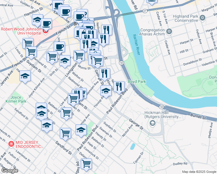 map of restaurants, bars, coffee shops, grocery stores, and more near 50 Hassart Street in New Brunswick