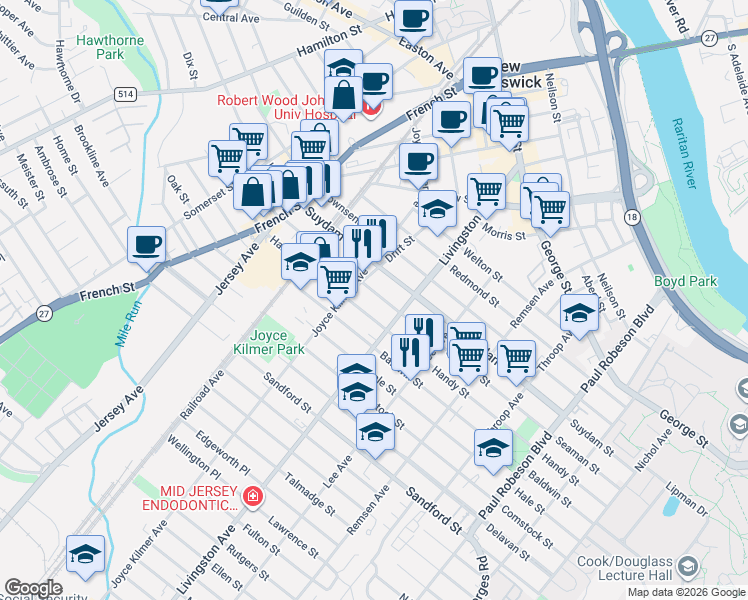 map of restaurants, bars, coffee shops, grocery stores, and more near 259 Seaman Street in New Brunswick