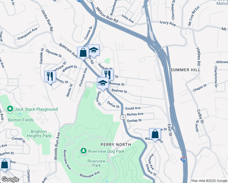 map of restaurants, bars, coffee shops, grocery stores, and more near 3846 Baytree Street in Pittsburgh