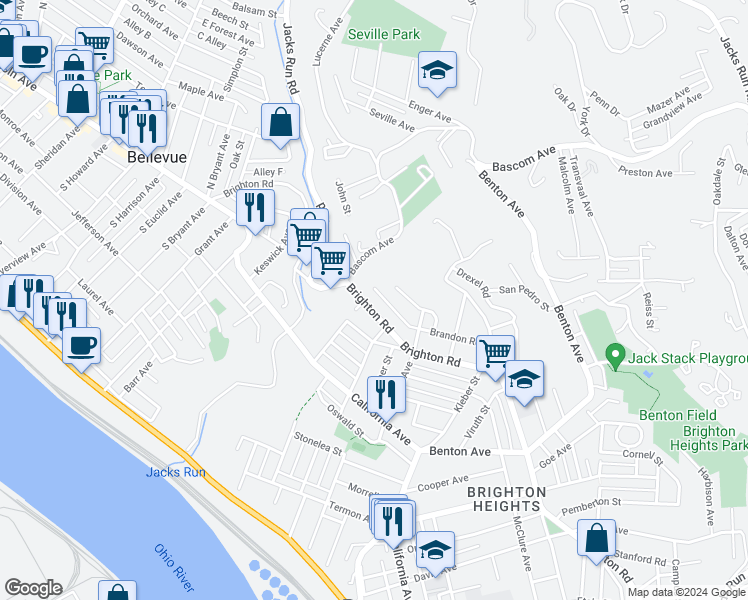 map of restaurants, bars, coffee shops, grocery stores, and more near 4102 Brighton Road in Pittsburgh