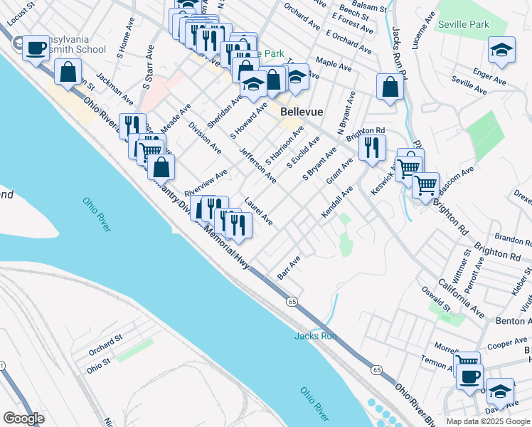 map of restaurants, bars, coffee shops, grocery stores, and more near 148 South Bryant Avenue in Pittsburgh