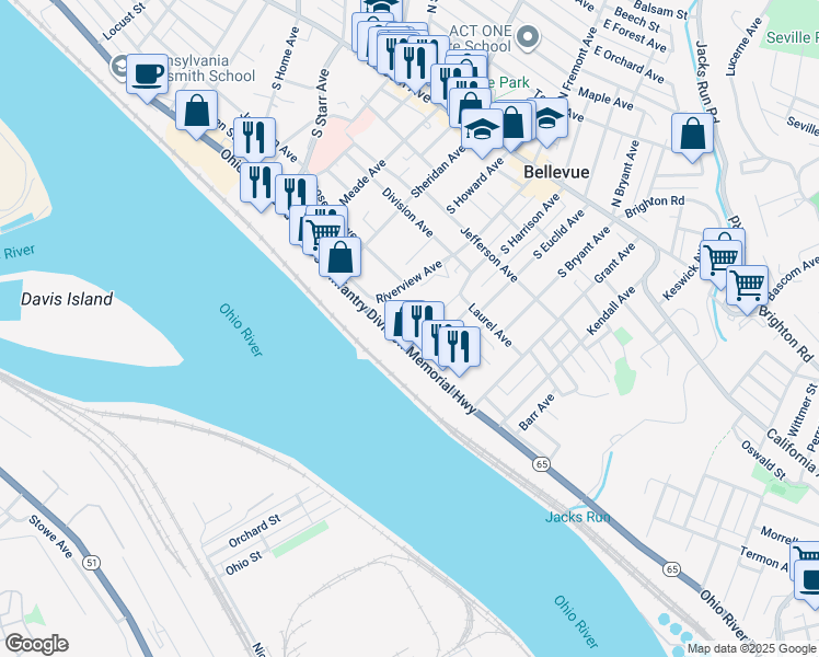 map of restaurants, bars, coffee shops, grocery stores, and more near 1 Carson Avenue in Pittsburgh