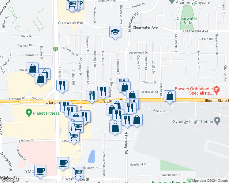 map of restaurants, bars, coffee shops, grocery stores, and more near 2111 Todd Drive in Bloomington