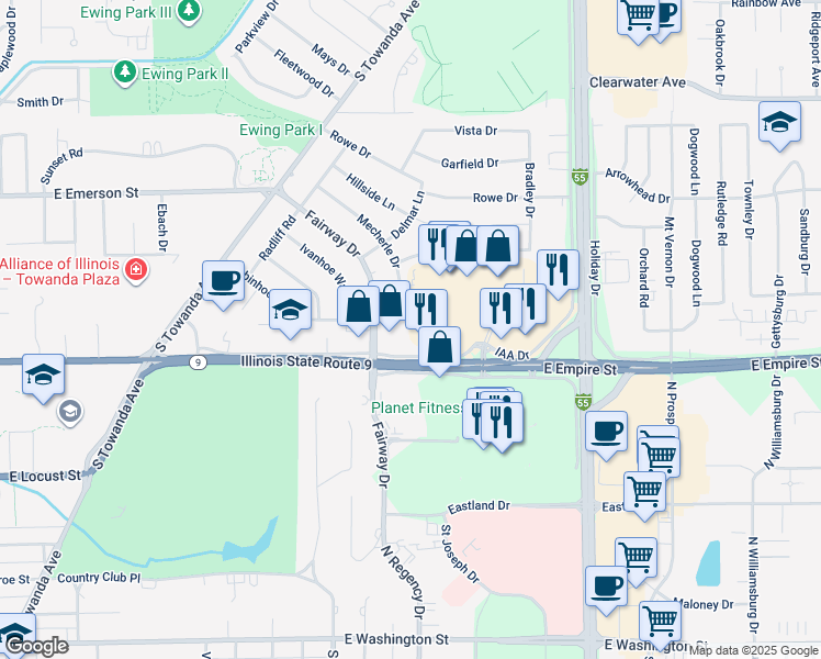 map of restaurants, bars, coffee shops, grocery stores, and more near 1500 East Empire Street in Bloomington
