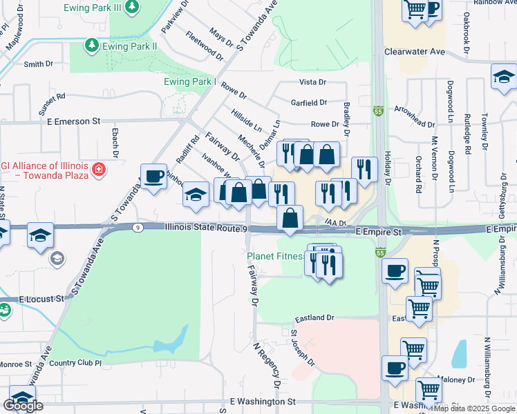 map of restaurants, bars, coffee shops, grocery stores, and more near 303 Robinhood Lane in Bloomington