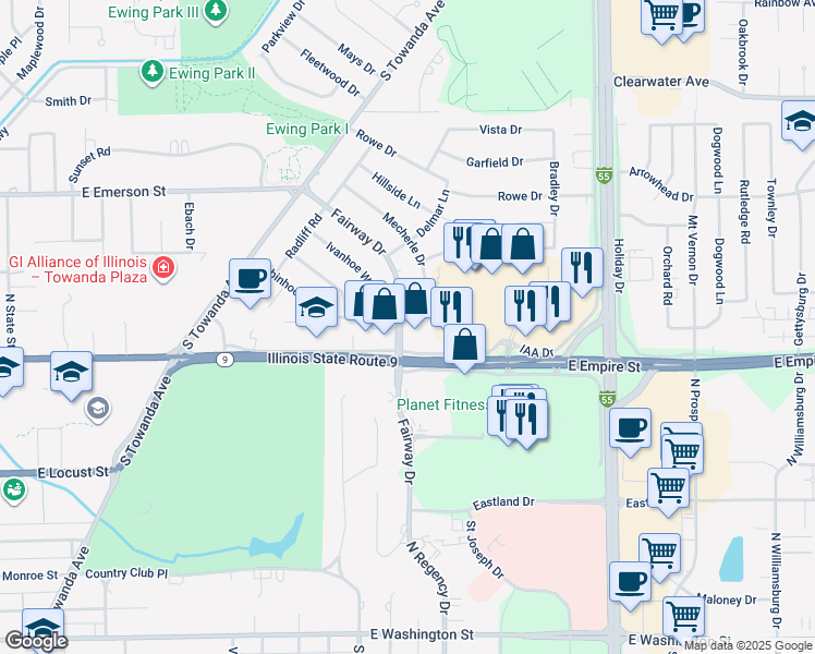 map of restaurants, bars, coffee shops, grocery stores, and more near 303 Robinhood Lane in Bloomington