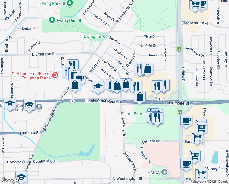 map of restaurants, bars, coffee shops, grocery stores, and more near 237 Robinhood Lane in Bloomington