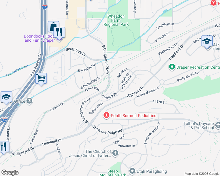 map of restaurants, bars, coffee shops, grocery stores, and more near 14396 South Champ Cove in Draper