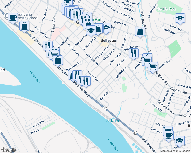 map of restaurants, bars, coffee shops, grocery stores, and more near 148 South Bryant Avenue in Pittsburgh