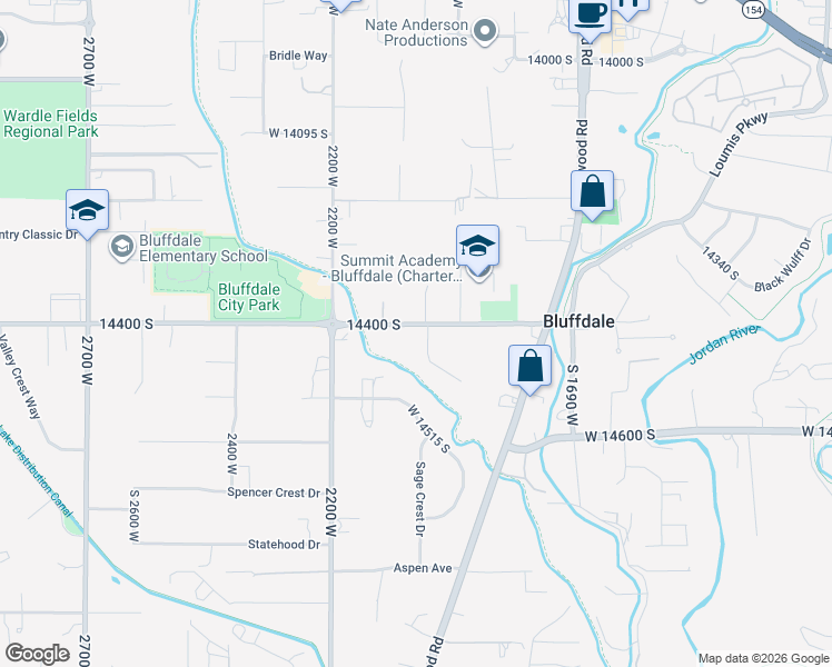 map of restaurants, bars, coffee shops, grocery stores, and more near 2025 West 14400 South in Bluffdale